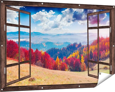 Gards Tuinposter Doorkijk Kleurrijke Herfstbos met Heuvellandschap - 150x100 cm - Tuindoek - Tuindecoratie - Wanddecoratie buiten - Tuinschilderij