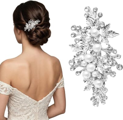 Elegante haarspelden met parels en strasssteentjes voor bruiloften en feesten, zilverkleurige haaraccessoires voor dames, 7 x 3,6 cm, perfect voor bruid en gasten