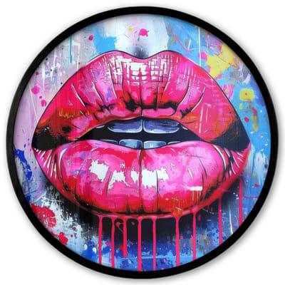 Poster in lijst Rond - Fotolijst 40x40 cm - Posters - Graffiti - Lippen - Felroze - Geschilderd - Ronde posterlijst zwart - Decoratie - Wanddecoratie woonkamer - Muurdecoratie slaapkamer