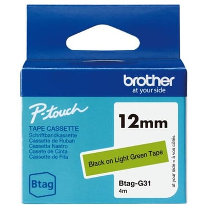 Brother Btag-G31 niet-gelamineerde tape zwart op lichtgroen 12 mm (origineel)