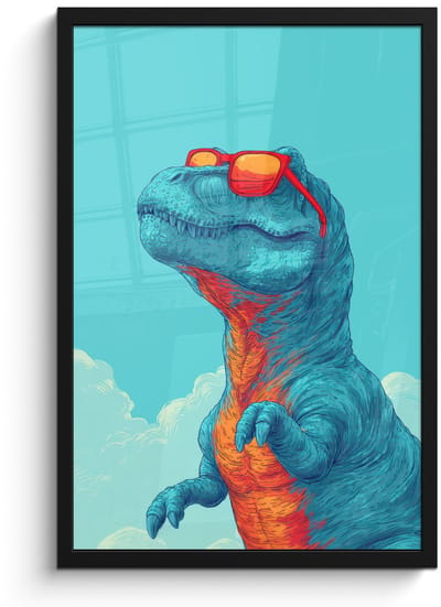 Poster in lijst - Fotolijst 40x60 cm - Posters - T-Rex - Blauw - Wolken - Zonnebril - Posterlijst zwart - Decoratie - Wanddecoratie woonkamer - Muurdecoratie slaapkamer