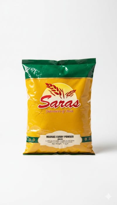 3 X 400g Saras Flavours of Asia - Milde Madras Currypoeder (1,2kg) – Authentiek Indiaas Specerijenmengsel van Asian Traders Ltd – Ideaal voor Vegetarische Gerechten en Aziatische Keuken met Kajal Sticker