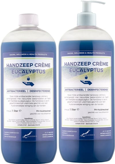 Handzeep Crème Eucalyptus 1 liter - set van 2 stuks - met gratis pomp - Voordeelverpakking