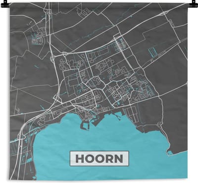Wandkleed - Wanddoek - Plattegrond - Hoorn - Grijs - Blauw - 90x90 cm - Wandtapijt - Stadskaart