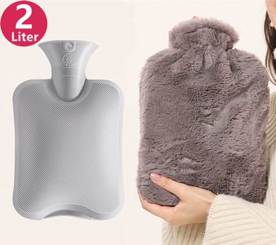LIXIN Kruik met Hoes - 2 Liter - Pluche Grijs - Tot 6 uur lang warm - Warmwaterkruik - Grote Capaciteit - Premium Zachte Fleece Hoes - Veilige en Duurzame - Winter Accessoires