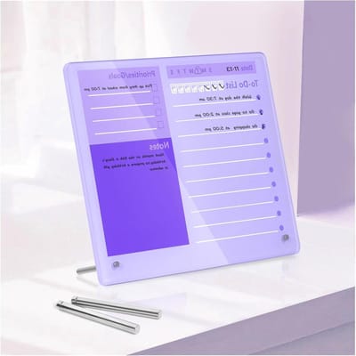 Bureau-droogwisbord van dik acryl voor planning, 30 x 25 cm, met standaard, frameloos, paars, voor kantoor, thuis en school