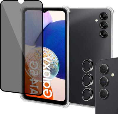 Geschikt voor Samsung A14 5G Hoesje + Privé Screenprotector + Camera Beschermglas - Privacy Tempered Glass - Case Transparant
