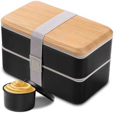 Famanu – Bento lunchbox 1400 ml met compartimenten en bestek, strak design voor volwassenen, zwart