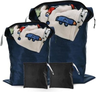 Vouwbare waszakken voor vuile kleding, herbruikbare en waterdichte tasjes met rits voor zwemmen, yoga en reizen - 4 stuks (Blauw & Zwart)