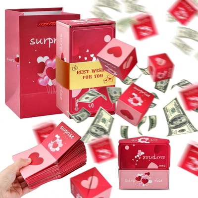 Verrassingscadeaubox- unieke opvouwbare pop-up geschenkdoos in de vorm van een rode envelop met een roze-rood hartontwerp- 16 pop-up doosjes- geschikt voor verjaardagen- jubilea- Valentijnsdag- huwelijksaanzoeken- roze.
