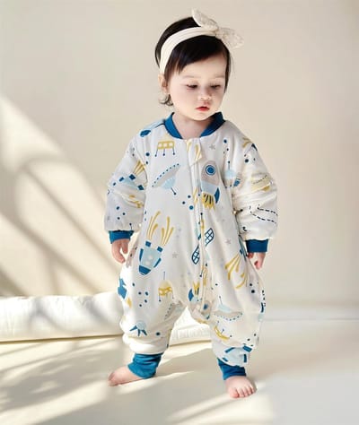Famanu - Babywinterslaapzak met voeten voor kleine kinderen, het hele jaar door, pyjama voor jongens en meisjes, met afneembare lange mouwen, 2,5 TOG, 90 cm