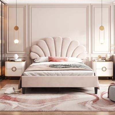 Tweepersoonsbed 140 x 200 cm beige - fluweelstof - Bloemvormig hoofdeinde - gestoffeerd bed - voor slaapkamer - 250 kg draagkracht