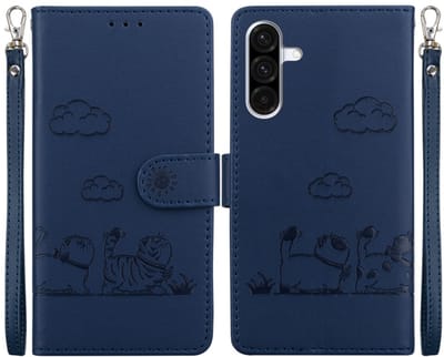 BookCover Hoes Etui geschikt voor Samsung Galaxy A37 - A56 - A36 - Cartoon Cats - Blauw - Reliëf