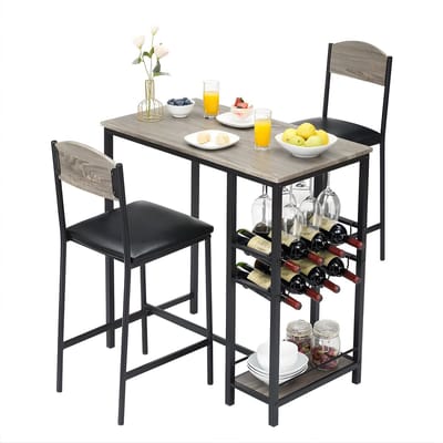 Bartafelset - Voor Keuken & Eetruimte - 3-delige Bartafel met 2 Gestoffeerde Stoelen en Voetsteunen - Met Opbergplank - Grijs