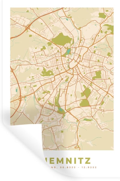 Muurstickers - Sticker Folie - Stadskaart - Chemnitz - Vintage - Kaart - Plattegrond - 20x30 cm - Plakfolie - Muurstickers Kinderkamer - Zelfklevend Behang - Zelfklevend behangpapier - Stickerfolie