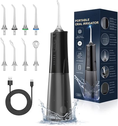 Waterflosser-Monddouche-Draagbare Mondirrigator-Tandirrigator met 8 Nozzles en 5 Standen-Waterdicht 300ML USB-C Oplaadbaar -ZWART.