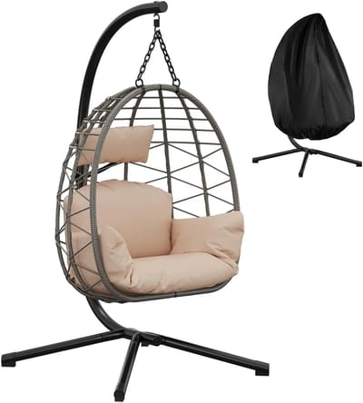 Milova Hangstoel - Op standaard - Egg chair - Rotan - Ei stoel - Tuinstoel - Relax stoel - Met kussen en hoes - Tuinmeubelen - Waterdichte kussens - In hoogte verstelbaar - Zwart/Beige