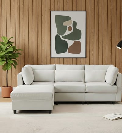 Luxe Hoekbank met Slaapfunctie – L-Vormige Slaapbank 4-Zits – Omvormbare Bank met Voetenbank & 5 Kussens – Linnen Stof – Beige – 220 cm House&Garden