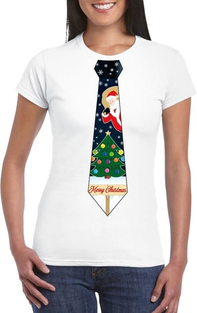 Fout kersttrui t-shirt - wit - met kerstboom stropdas print - voor dames S