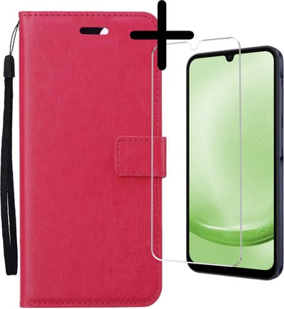 Hoesje Met Screenprotector - Geschikt voor Samsung Galaxy A25 - Luxe Pasjeshouder - Bookcase Portemonee - Flip Case - Kunstleer Book Case - Flipcase - Book Cover - Walletcase - Portemonneehoes - Donkerroze