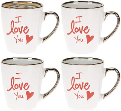 Siaki Koffiemok / theemok I Love You - 4x - wit/goud - 300 ml - mokken - aardewerk - valentijnsdag - tas - cadeaumok