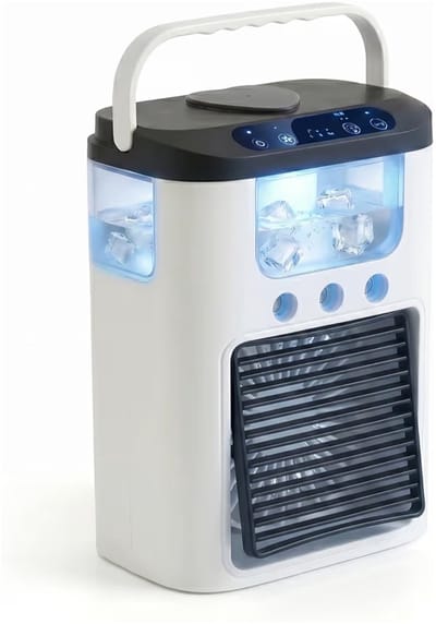 BIXc®- Draagbare airconditioner met ventilator, 3 snelheden, luchtkoeler, 600 ml reservoir, tafelventilator met RGB-verlichting, oplaadbare mini-airco