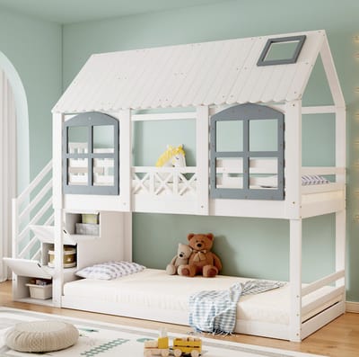 MEUNIQ stapelbed 90x200 cm met dak en ramen, kinderbed met trap en 3 opbergkasten, uitvalbeveiliging, grenenhout en MDF, voor kinderkamer, wit en grijs