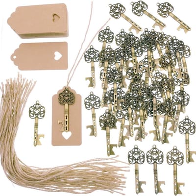 50 Vintage Sleutelflesopeners met Kraft Papier Geschenkhangers en Jute Bindgaren – Perfect voor Bruiloften, Themafeesten en Geschenken