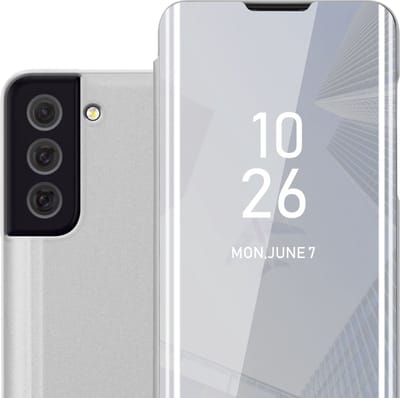 Cadorabo Hoesje geschikt voor Samsung Galaxy S22 in AGAAT ZILVER - Clear View Spiegel Beschermende Case met Tribunefunctie 360 Graden Bescherming Book Case Cover Etui