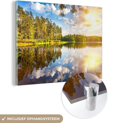 MuchoWow® Glasschilderij 40x30 cm - Schilderij acrylglas - Bomen - Water - Zon - Foto op glas - Schilderijen