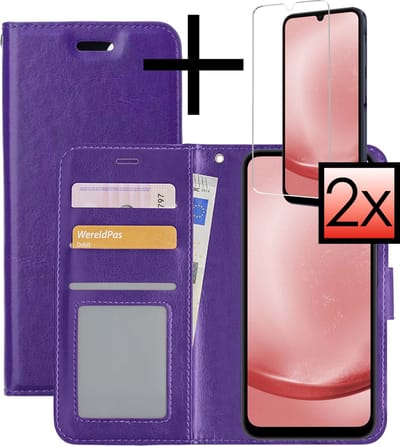 Hoesje - Met 2x Screenprotector - Geschikt voor Samsung Galaxy A25 - Luxe Pasjeshouder - Bookcase Portemonee - Flip Case - Kunstleer Book Case - Flipcase Hoes - Book Cover - Walletcase - Portemonneehoes - Paars