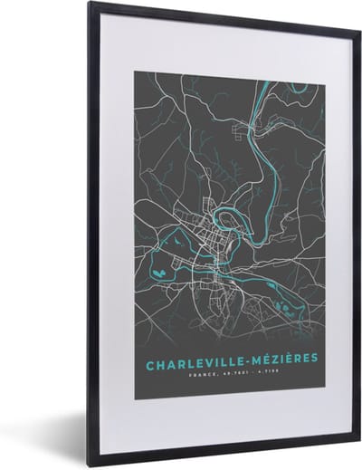 Fotolijst incl. Poster - Charleville-Mézières - Frankrijk - Plattegrond - Kaart - Stadskaart - 40x60 cm - Posterlijst