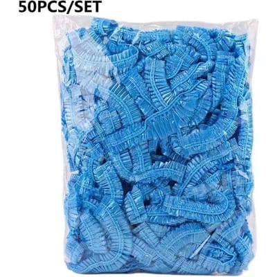 50/100 STuks Disposable Douchemuts Elastisch Plastic Verdikt 42cm Waterdicht Hoofddeksel voor Spa Salon Haarkleuring Vrouwen Elastische Haarmuts blue