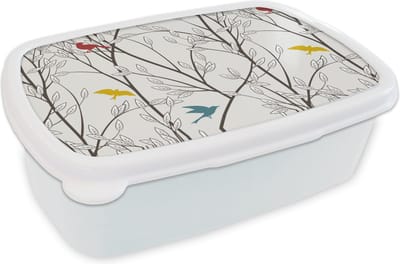 Broodtrommel Wit - Lunchbox - Brooddoos - Patronen - Planten - Vogel - 18x12x6 cm - Volwassenen