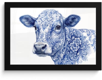Poster in lijst - Fotolijst 30x20 cm - Posters - Illustratie - Koe - Blauw - Posterlijst zwart - Decoratie - Wanddecoratie woonkamer - Muurdecoratie slaapkamer