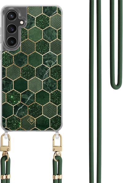 Casimoda® hoesje met koord - Geschikt voor Samsung S24 FE - Kubus Groen - Afneembaar koord - TPU/polycarbonaat - Groen