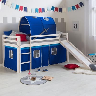 Hoogslaper met Glijbaan - Speelbed Kinderbed - Spelen en Slapen - Massief Grenenhout - 90 x 200 cm - Wit Blauw