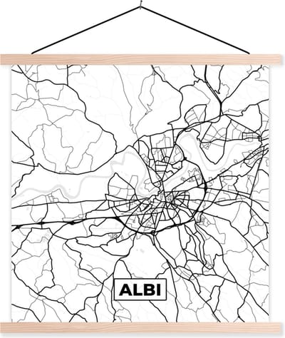 Posterhanger incl. Poster 40x40 cm - Schoolplaat - Plattegrond - Albi - Kaart - Frankrijk - Stadskaart - Zwart wit - Textielposter - Blanke latten - Stadskaart