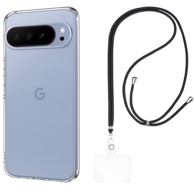 Set met hoesje en nekband voor google pixel 10 pro xl - Flexibele, transparante TPU-bescherming, verstelbare universele nekband voor mobiele telefoons, zwarte nekband, transparante draagriem van Phonillico®