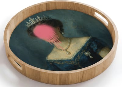 Dienblad rond 40x40 cm - Schootdienblad hout - Kroon - Roze druipend verf - Portret - Borrelplank rechthoek - Plateau houten dienbladen
