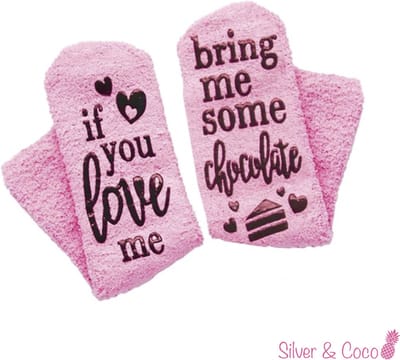 SilverAndCoco - Chocolade Sokken / Gekke Vrolijke Foute Roze Kleding / Leuke Grappige Dikke Warme Dames Socks / Verjaardag Geschenk accessoires Sok Outfit Katoen / Vrouwen Sinterklaas Schoen Kerst cadeau met Tekst