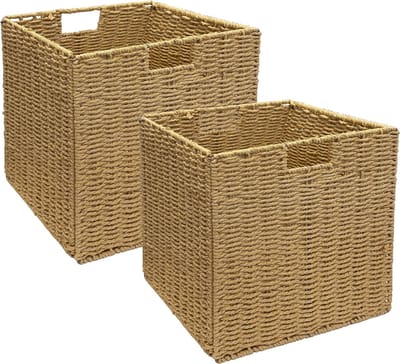 Gevlochten, Set Van 2 handgeweven opbergmanden voor planken met handgrepen, opvouwbare opbergbakken,voor kallax mand, waskamer, woonkamer, kinderkamer 28x28x28cm