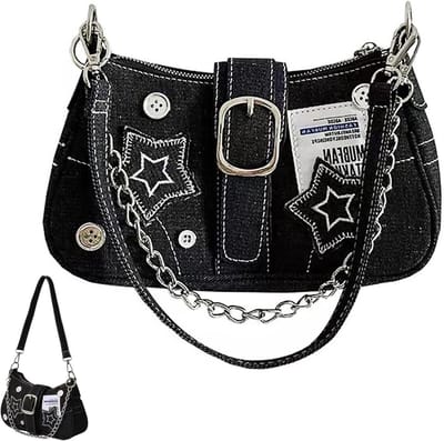 Denim Onderarm Tas - Vintage Handtas - Dagelijkse Uitjes - Ster Print Design - 25 cm Lengte - Zwart