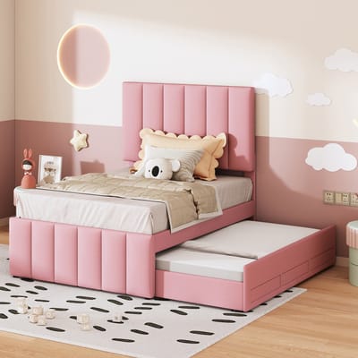 REDOM Ledikant 90x200 cm – Linnen roze – Uitschuifbaar met 3 laden – Verstelbaar hoofdeinde