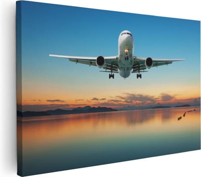 Artaza Canvas Schilderij Zonsondergang - 30x20 cm - Klein - Wanddecoratie Zee - Muurdecoratie Strand - Kamer Accessoires Vliegtuig