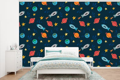 Behang - Fotobehang Patronen - Aarde - Ruimte - Raket - Jongens - Kinderen - Jongetje - Kids - Breedte 345 cm x hoogte 220 cm