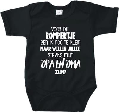 Baby romper met tekst zwangerschap aankondiging | Voor dit rompertje ben ik nog te klein maar willen jullie mijn Opa en Oma zijn? | Zwart | korte mouw | maat 56 cadeautje zwangerschap aankondiging bekendmaking |Cadeautje 100% katoen.