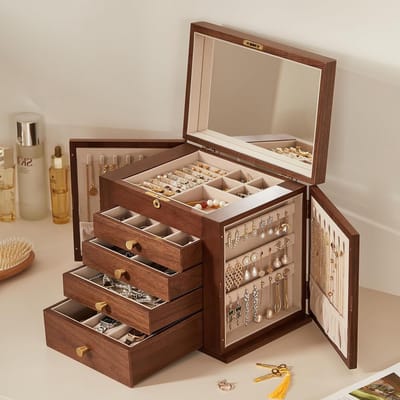 Sieradenbox met 5 lagen en 2 zijdeuren, inclusief spiegel en slot, ideaal voor horloges en kettingen, perfect als Moederdag cadeau