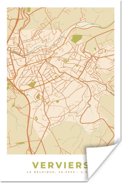 Poster Stadskaart - Kaart - Plattegrond - Vintage - Verviers - 120x180 cm XXL