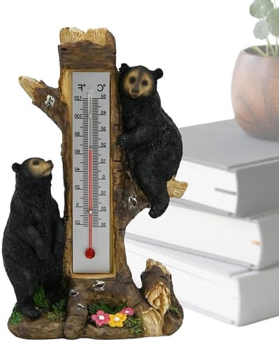 Temperatuurmeter Beeld - Weerstation Decoratie - Buiten Lezen - Dubbele Schaal - 21 cm Hoog - Zwart Beer